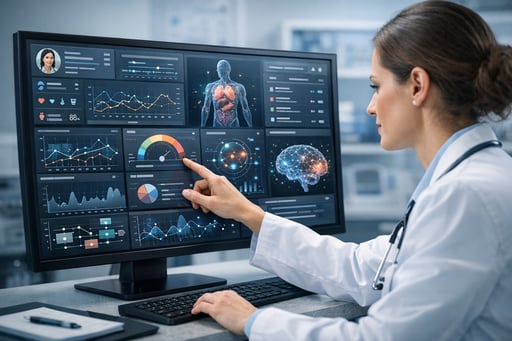 Profesional de salud utilizando dashboard de inteligencia artificial para gestión clínica Profesional de salud utilizando dashboard de inteligencia artificial para gestión clínica