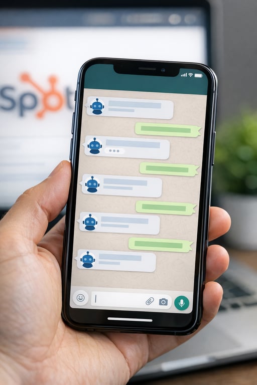 Smartphone mostrando conversaciones de WhatsApp gestionadas automáticamente por el agente virtual de IA Nua Talker integrado con HubSpot